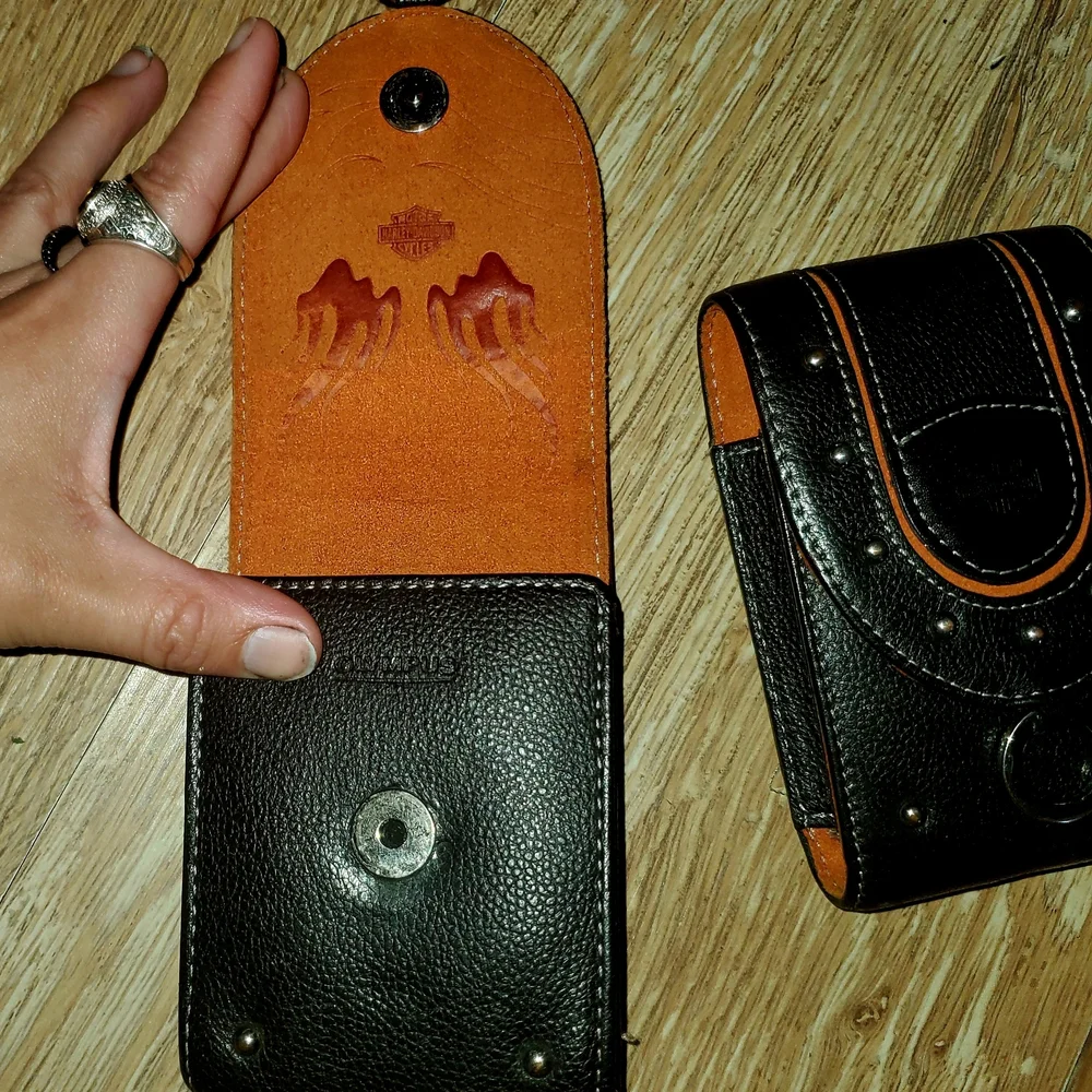 Black Leather Phone Holster with Orange Accents